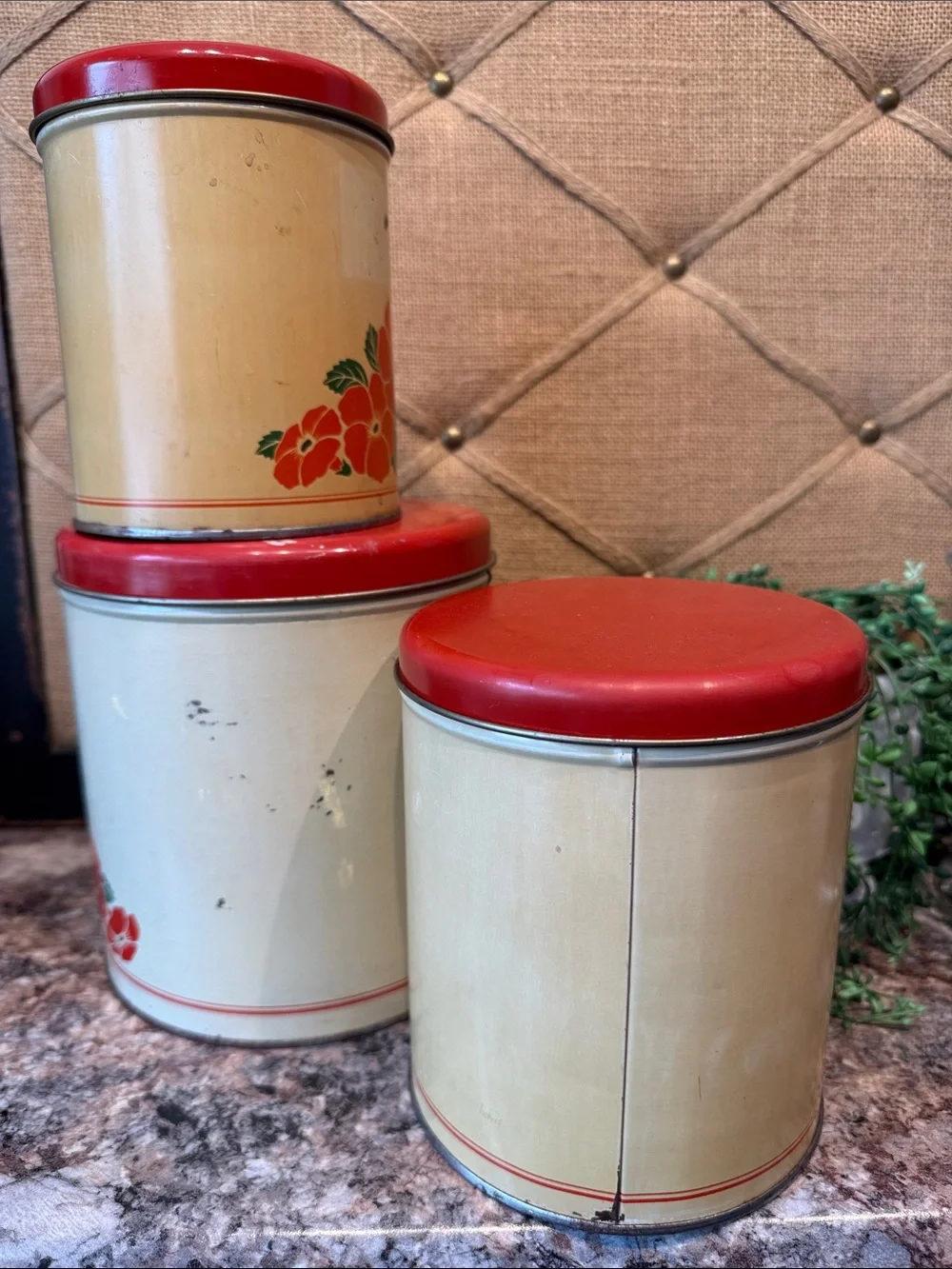 Vintage Decoware Floral Red & Cream Canister Set